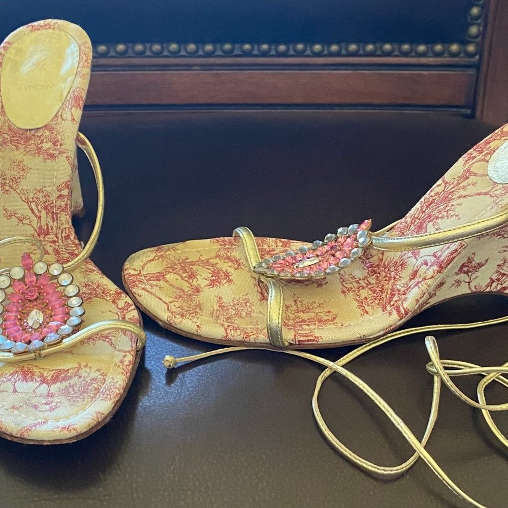 J Vicent Pink Toile Wedge Wrap Around Sandal